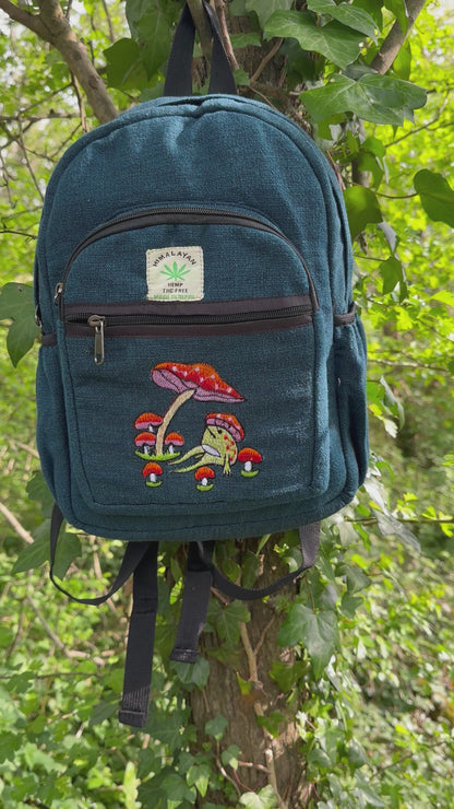 Handmade Himalayan Hemp & Cotton Backpack - Embroidery Mushroom Design (Medium Size)