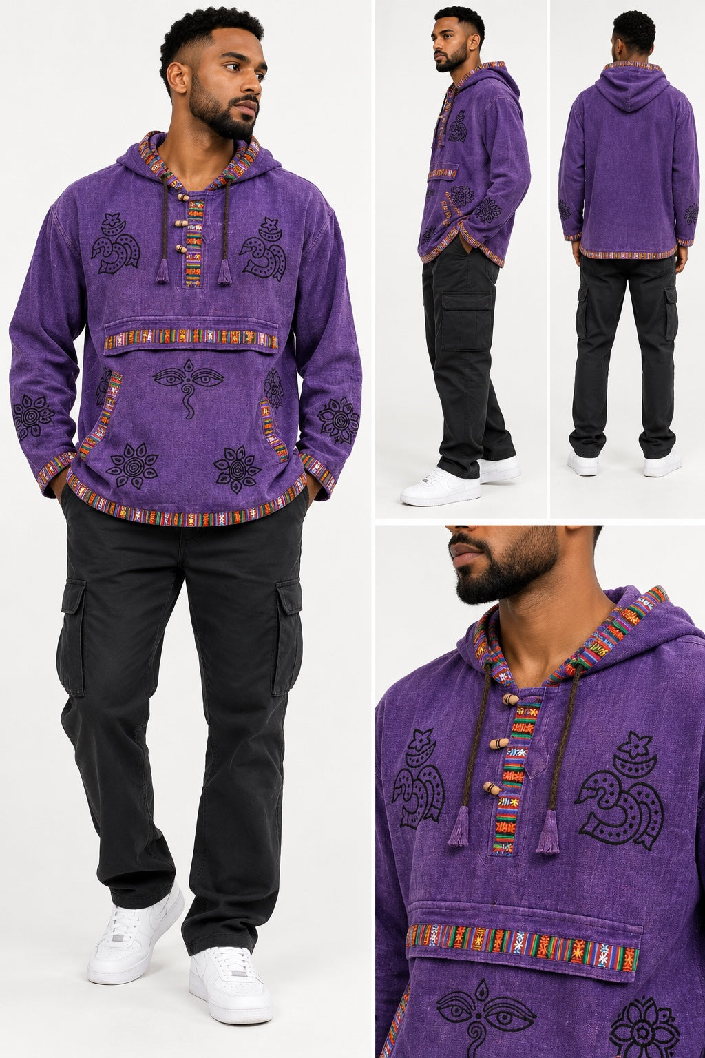 Purple boho patterned pullover hoodie shown from the front, side and back, with a neckline close-up.