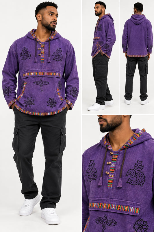 Purple boho patterned pullover hoodie shown from the front, side and back, with a neckline close-up.