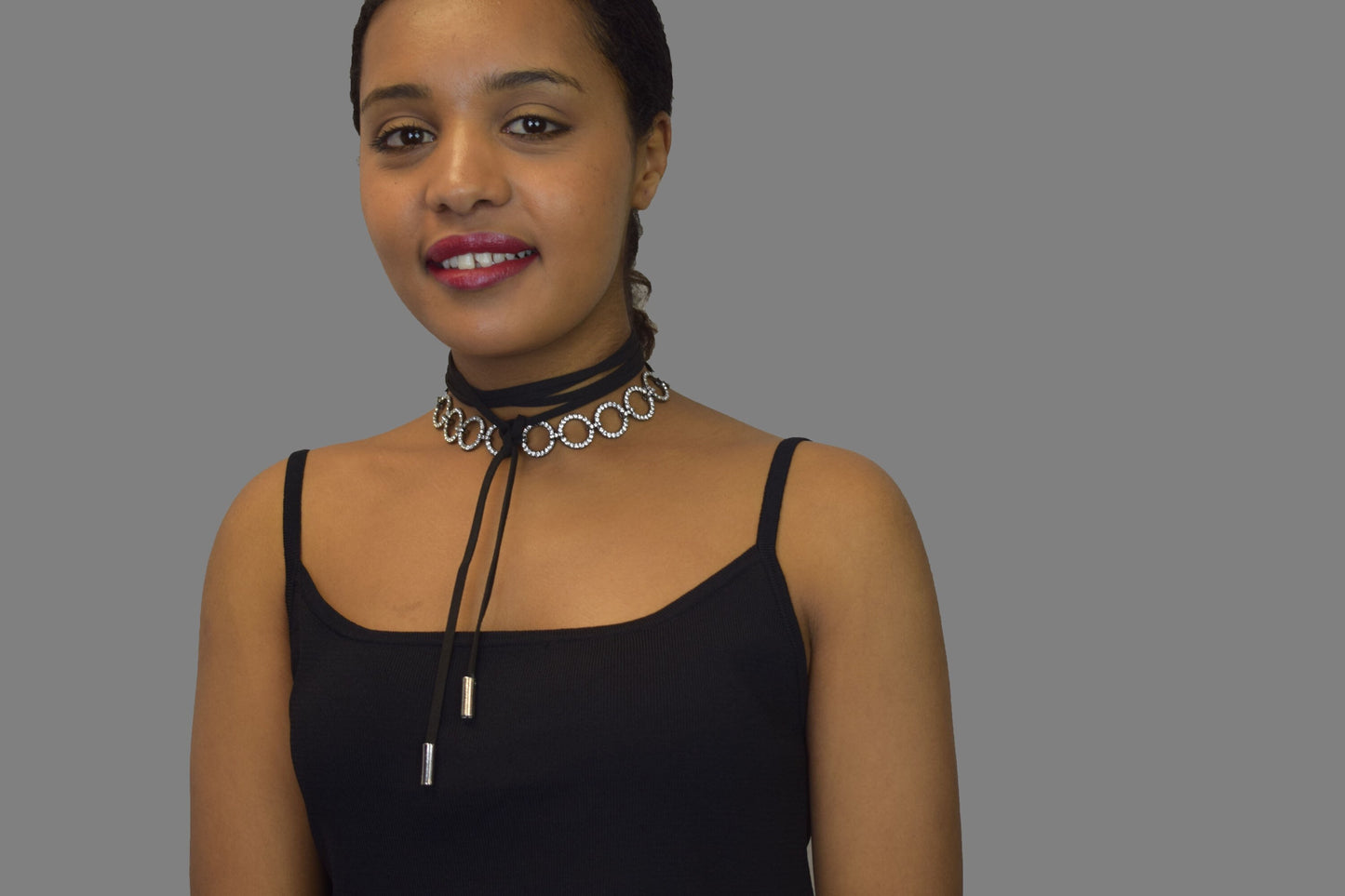 2 in 1 Rhinestone Choker and Long Rope Necklace with Silver Ends