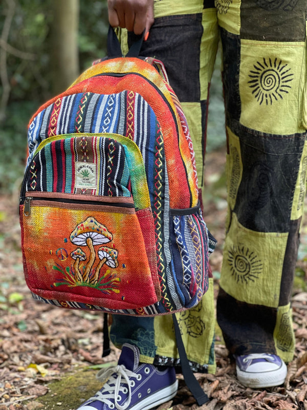 Embroidery Hemp Backpack with Mushroom Design